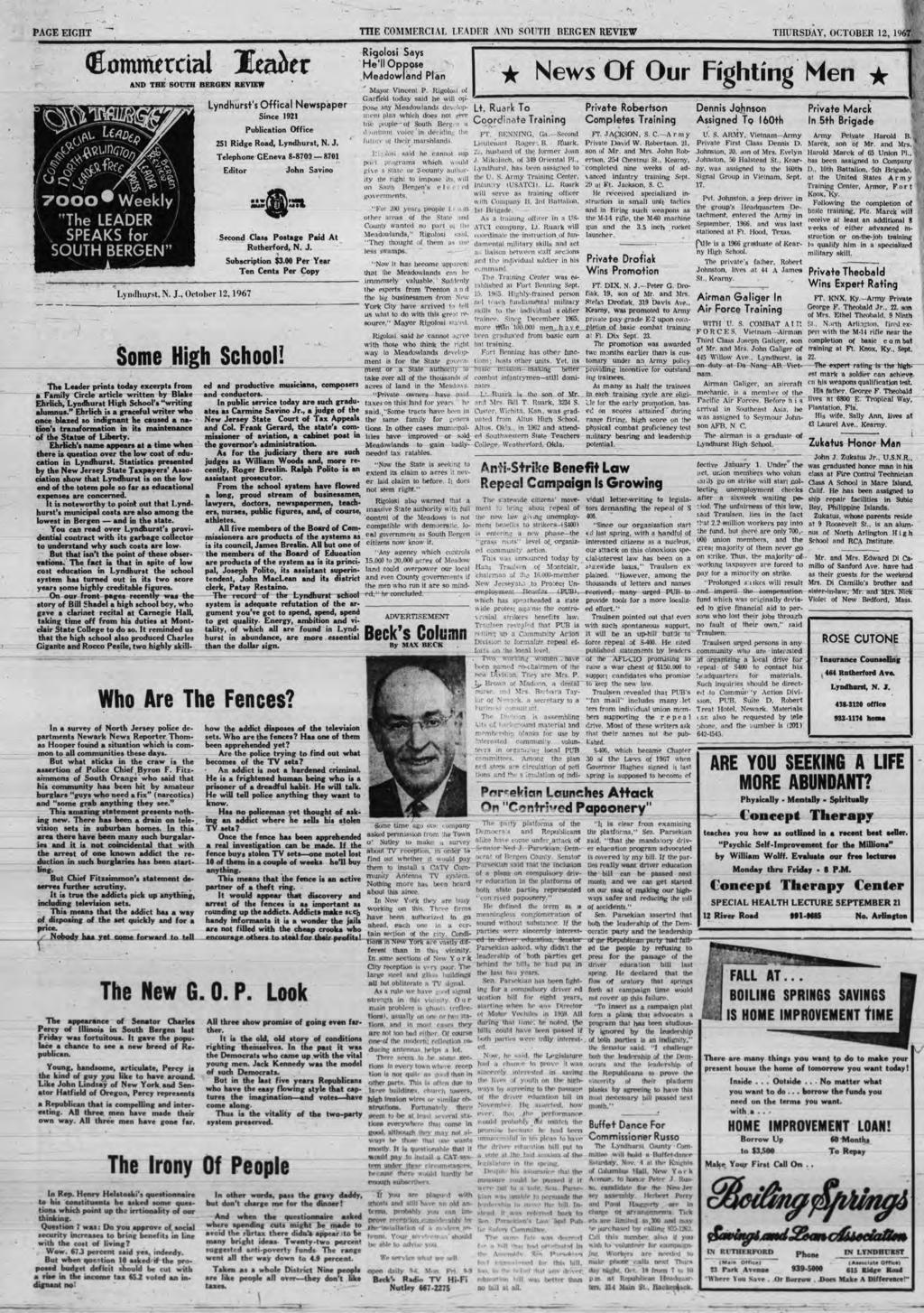 PAGE EIGDT TTIE COMMERCIAL LEADER AN1) SOUTH BERGEN REVIEW THURSDAY, OCTOBER 12, 1967 Commercial leader AND THE SOUTH BERGEN REVIEW i\% W 7 0 0 0 * W eekly "The LEADER \ SPEAKS for / SOUTH BERGEN