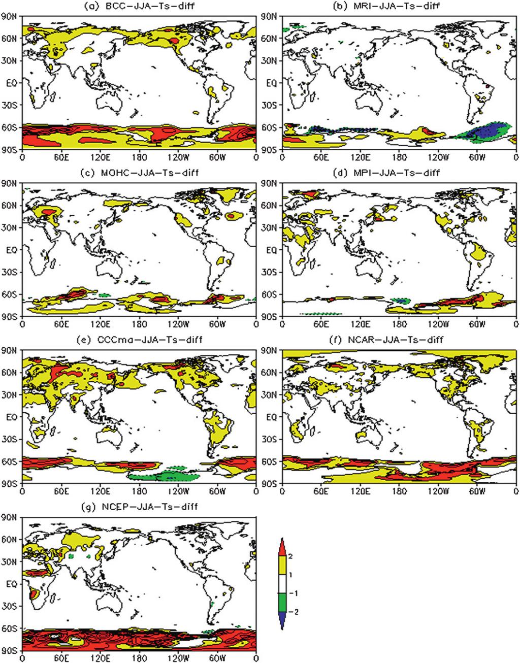 1 OCTOBER 2013 7471 LI ET AL. FIG. 4. As in Fig. 3, but for summer. increase centers are shifted toward the mid- to high latitudes of North Pacific and North America for BCC and NCAR in spring (Fig.