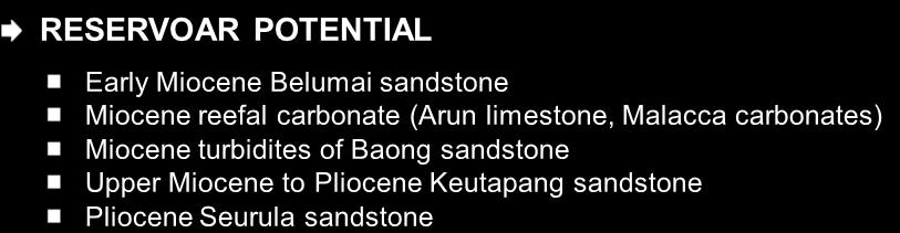PETROLEUM SYSTEM RESERVOAR POTENTIAL Early Miocene Belumai sandstone Miocene reefal carbonate (Arun limestone, Malacca carbonates)