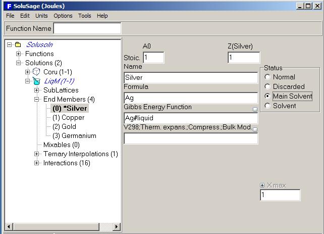 16. The status options Main solvent 2. Click (Silver now appears in the list of endmembers in bold type and with a * symbol). 1. Click. In this example, Ag is selected as the «Main solvent» of the LiqM solution.