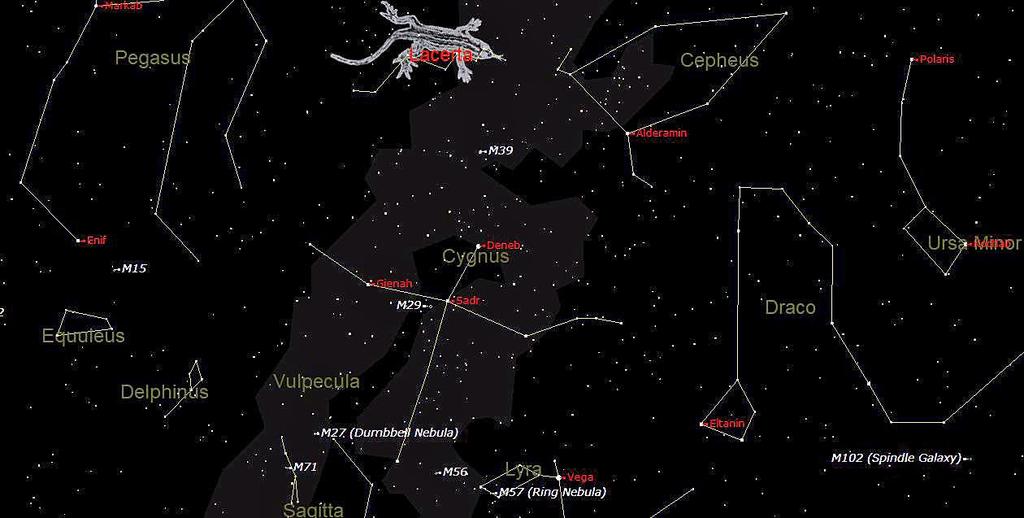 The star chart below shows the sky in the west at 21:00 on November 17 th. In the middle near the horizon you can see the constellation of Cygnus.