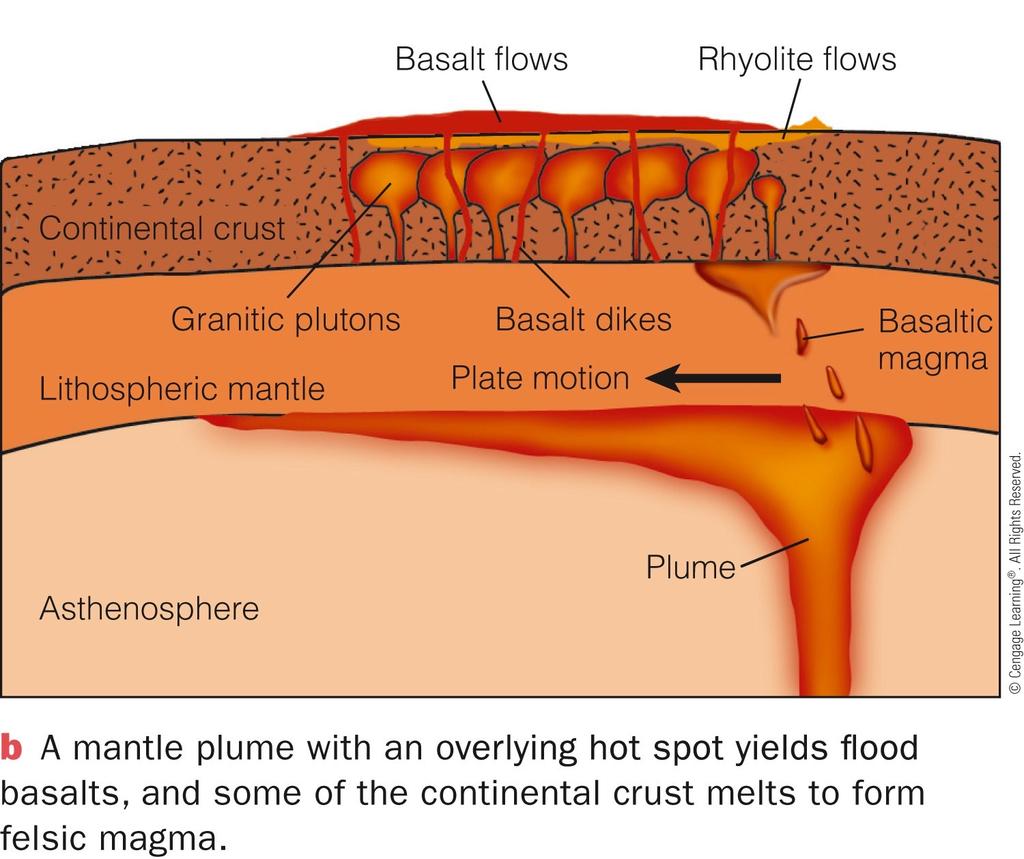 Rising magma forms a series of volcanoes that become younger in the direction of plate movement.