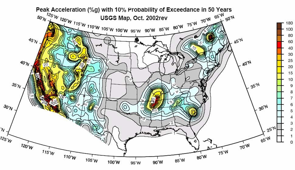 USGS Seismic Hazard Map of Coterminous United States Instructional Material Complementing FEMA 451, Design Examples Seismic Hazard Analysis 5a - 61 This map shows the 10% in 50 year peak