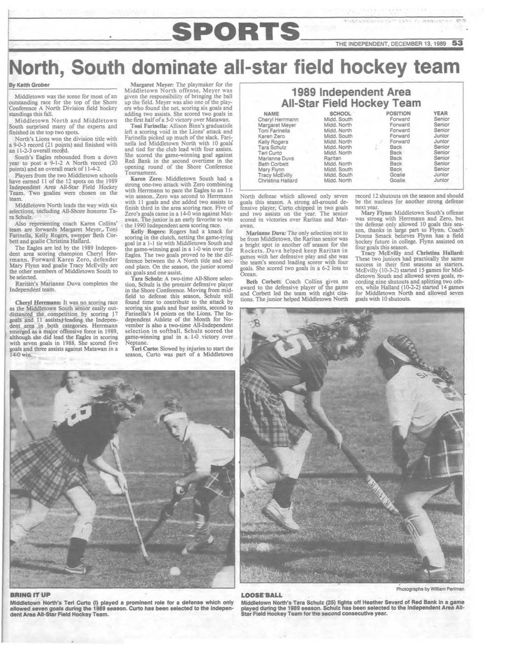 THE INDEPENDENT, DECEM BER 13, 1989 5 3 North, South dominate all-star field hockey team By Keith Grober M a r g a r e t M e y e r : T h e p l a y m a k e r f o r t h e M i d d l e t o w n N o r t h