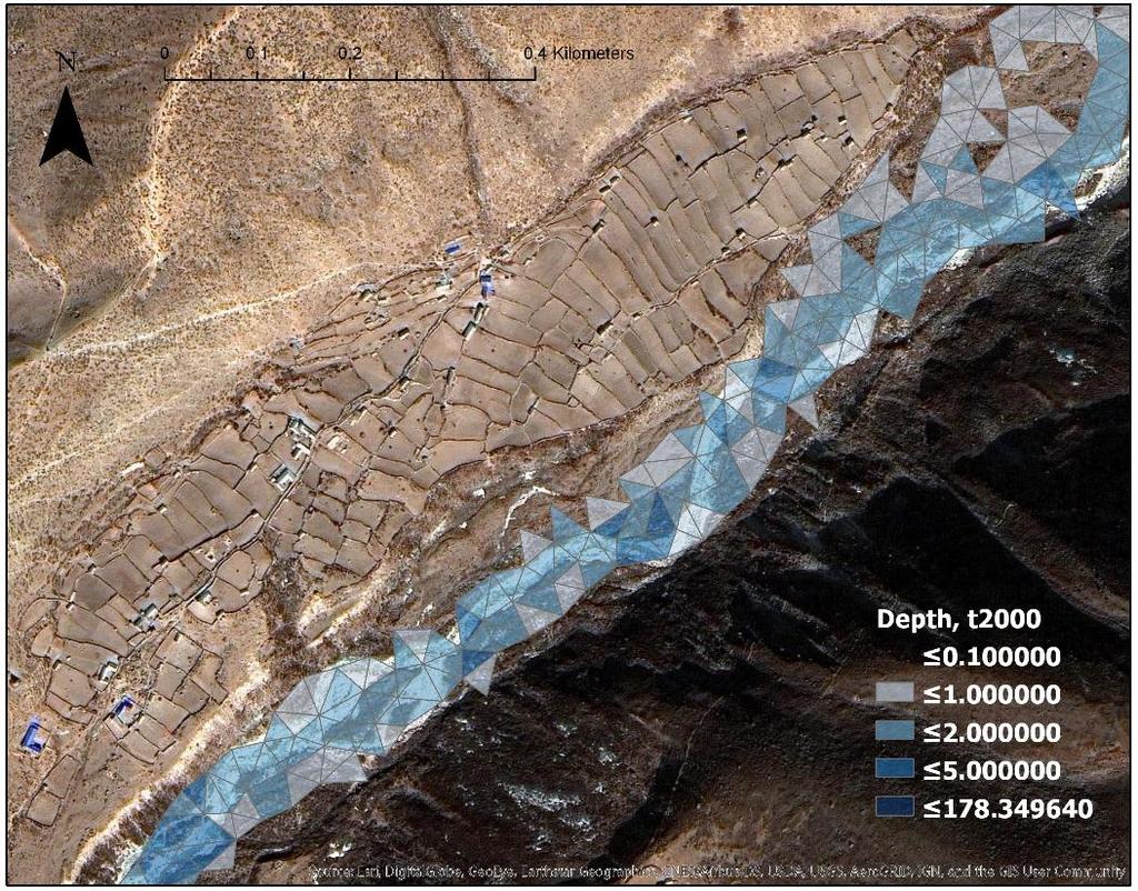 Specific Discharge (m/s) Elevation (m) Figure 8: Inundation Depth near Dingboche at t = 2000 s Note how the surface displacement of the water in the lake increases from 0 to 2.