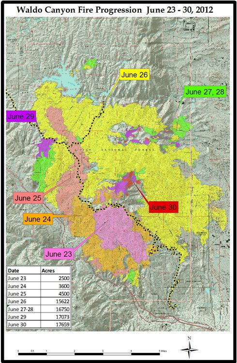 In the above graphic the dates represent the fire perimeter as of 12:30pm