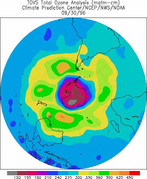 Total ozone thickness (Dobson units) over the Southern Hemisphere for