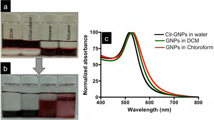 Fig. S12 Phase transfer of citrate capped GNPs in water (5.0 ml) to various organic solvents before (a) and after (b) the addition of methanol to induce phase transfer.