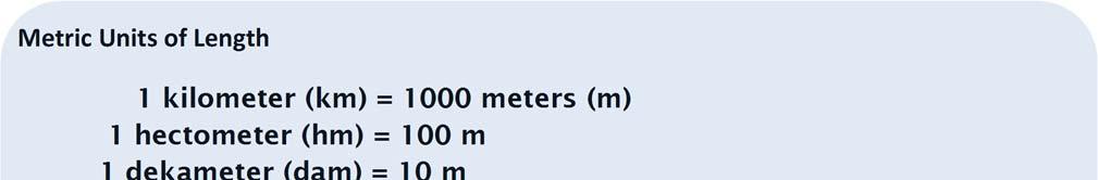 Define Metric Units of Length and Convert Metric Units of Length 1 kilometer (km) = 1000 meters (m) 1 hectometer (hm) = 100 m 1 dekameter (dam) = 10 m 1 meter (m) = 1m 1 decimeter (dm) = 1/10 m or 0.