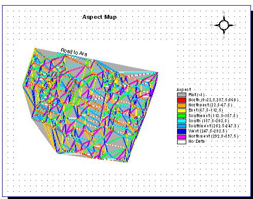 Slope, Aspect and other DTM generations are consider as the most common uses in application of terrain model use in GIS. The analyses were performed using Arc View GIS 3.