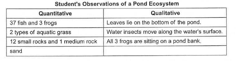 38.) Use the table below to answer the question. A group of students measured a ten-square-meter section of a pond ecosystem and recorded observations. Which statement is a testable hypothesis? A.) B.