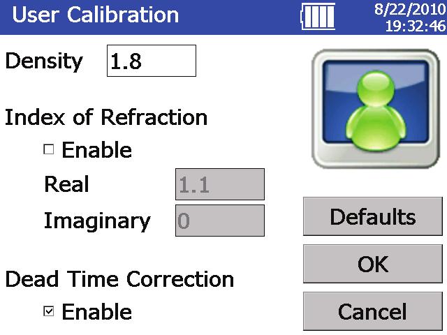 Figure 2. User Calibration screen 2. The OPS will now use this effective density in the displayed mass results both in graphs and tables. Apply the effective density to the OPS (in software) 1.