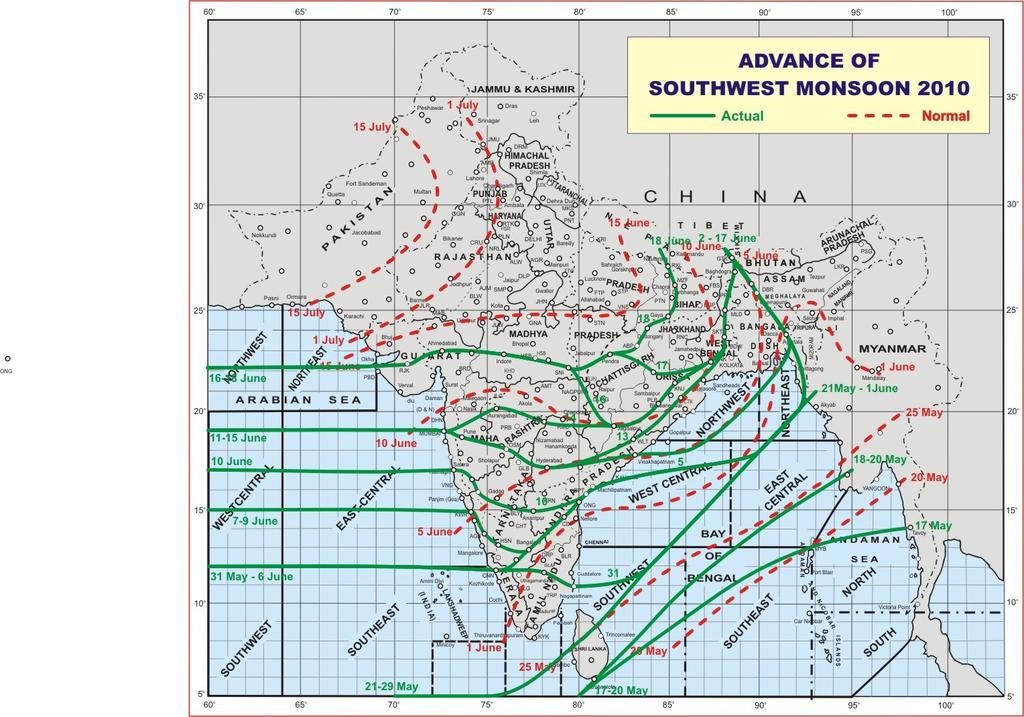 Madhya Pradesh, most parts of Chhattisgarh & Jharkhand and some parts of Bihar. The Northern Limit of Monsoon (NLM) as on 18th June, 2010 passes through Lat.22.0 N/Long.60.0 E, Lat.22.0 N/Long.69.