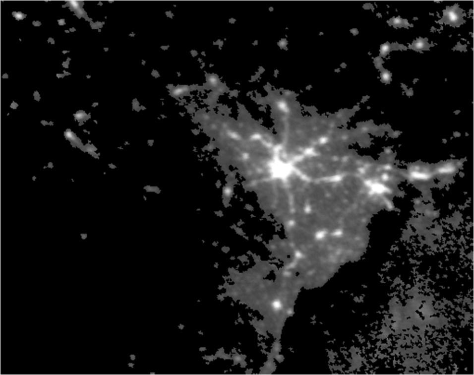 (a) (c) Figure 11. OLS Composite products for F162009, cropped to show the area around Hanoi, Vietnam. (a) Outlier-removed average visible band showing analyst-chosen light-free regions in red.