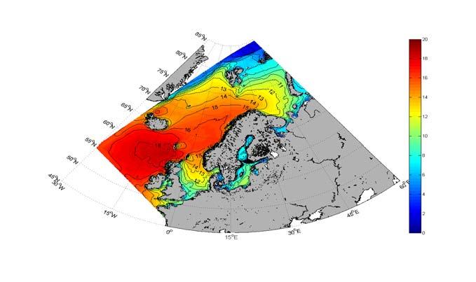 Figure 7 Distribution of maximum wave heights for North Sea, Norwegian Sea and Barents Sea (met.