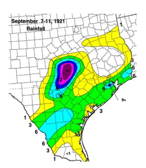 Rainfall in inches Figure and text from Texas Hurricane History, David Roth,