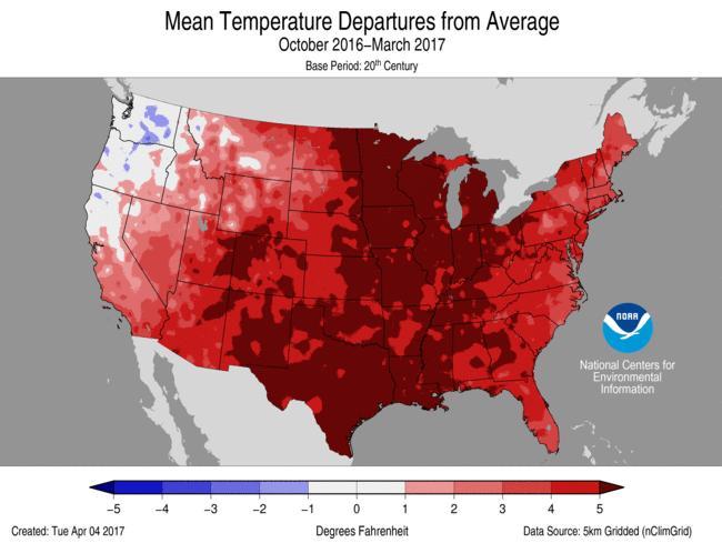 Below-average precipitation was observed the Southeast, Mid-Atlantic, and parts of the Midwest. Delaware, Florida, and Maryland had cold-season precipitation totals that were much below average.