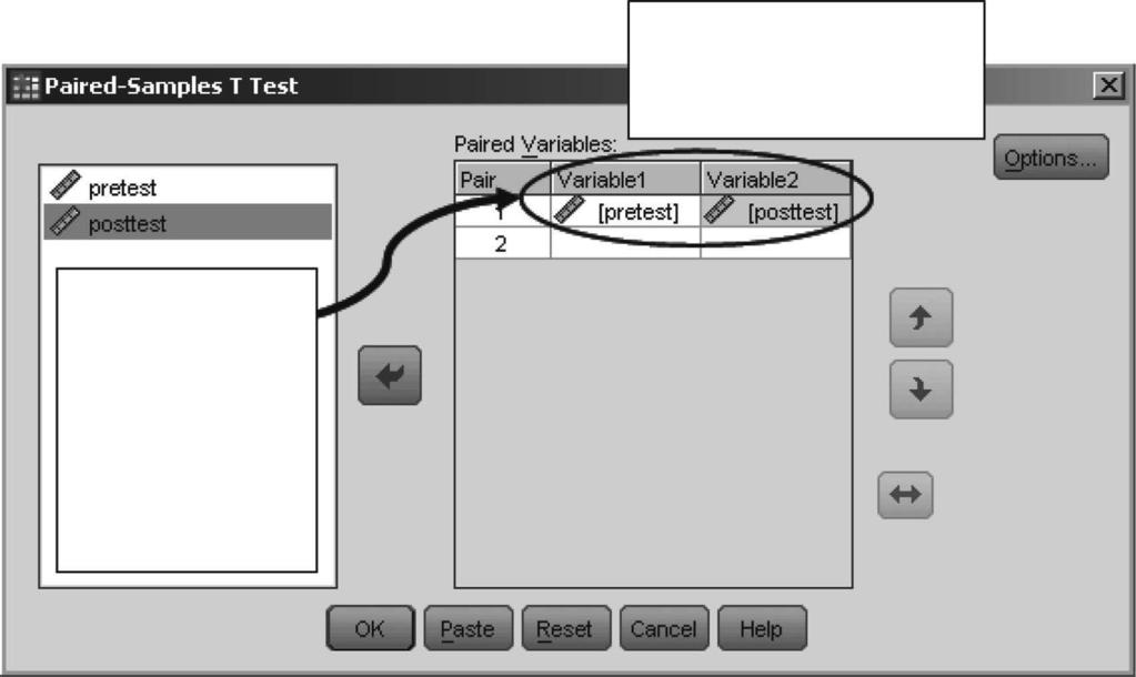 Following the screenshot (step 1) as follows produces the Paired-Samples T Test dialog box. A Dependent t test: Step 1 B C Step : Click both variables (e.g., pretest and posttest as variable 1 and variable, respectively) and move them into the Paired Variables box by clicking the arrow button.
