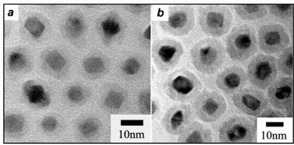 Fig. 9.3: TEM image of Pt-maghemite core-shell nanoparticles having different shell thickness made with different shell-forming precursors. The shell thicknesses are 3.5 nm and 5.