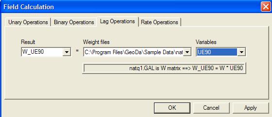 Constructing Spatially Lagged Variables Next, select new W variable as the Result in the drop down list, make sure the