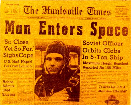 First Earth Human in Space Russian cosmonaut Yuri Gagarin April 12, 1961 Image: NASA Gagarin rode upon the spacecraft Vostok I.