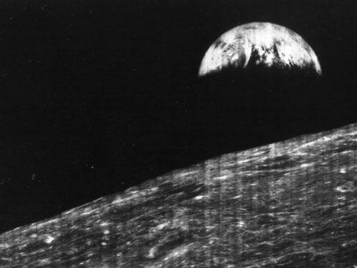 First View of Earth From Moon August 23, 1966 This view of a crescent earth as seen from a moon orbit was transmitted to Earth by the United States Lunar Orbiter I and received at the NASA tracking