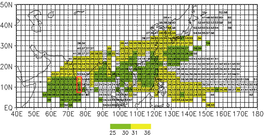 Fig. 2 Climatological onset pentad for the period between 1979 and 2011. Number represents the onset pentad date obtained using the method by Wang and LinHo (2002).