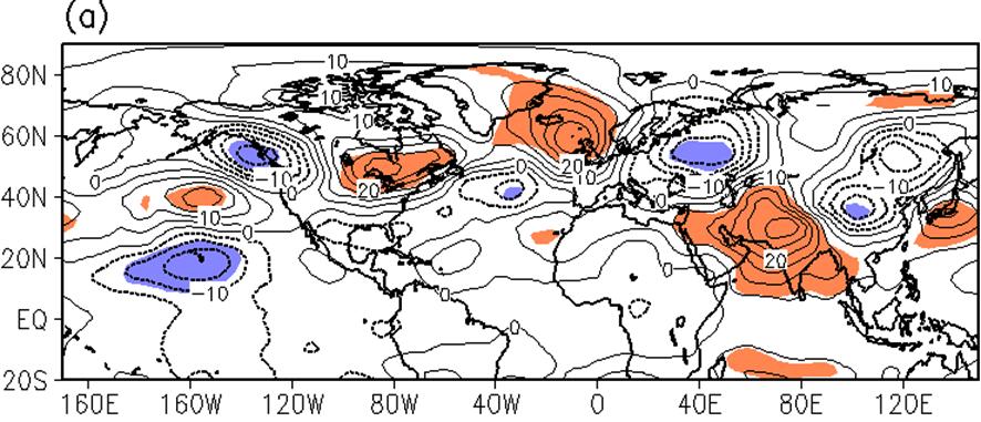 Fig. 7 (a) Same as Fig. 5c, but for thickness between 300 hpa and 500 hpa in May.