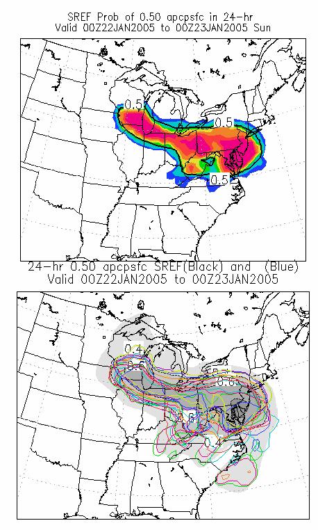 Figure 12 SREF forecasts initialized at 2100 UTC 21 January 2005 showing 24-hour accumulated