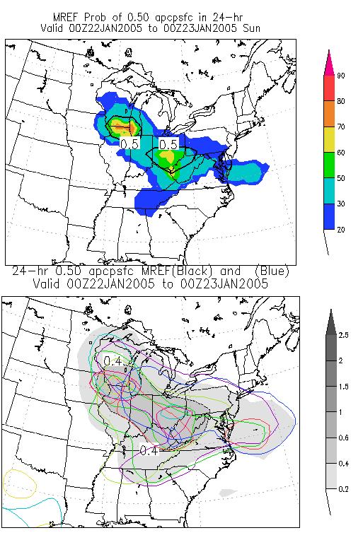 Figure 5 As in Figure 4 except for MREF forecasts initialized at 0000 UTC 20 January 2005 for time 24 hour intervals ending at a) 0000 and b) 1200 UTC 23 January 2005.
