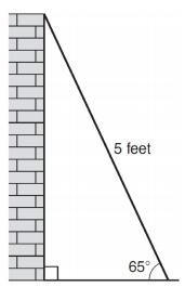 Geometry Final Exam 014 Study Guide Page 7 30) As shown in the diagram below, a ladder 5 feet long leans against a wall and makes an angle of 65 o with the ground.