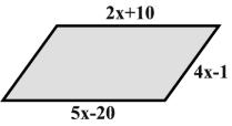 53) The opposite sides of a parallelogram are represented by x 10and 5x 0. Find the length of the side of the parallelogram represented by 4x 1.