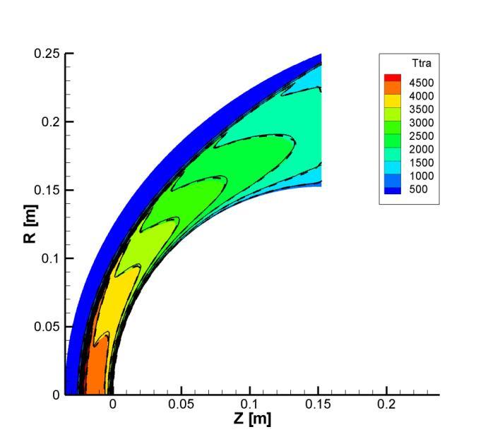 Figure 7. Contours of translational and rotational temperature [K]. Contours and solid lines represent DSMC and LD- DSMC hybrid results, respectively, for simulations using the dense mesh.