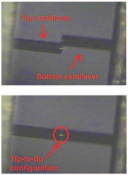 16 2 Correlation Force Spectroscopy Fig. 2.5 Top-view optical microscope images of the cantilever pair. ( Top) The two cantilevers are brought in proximity of each other.