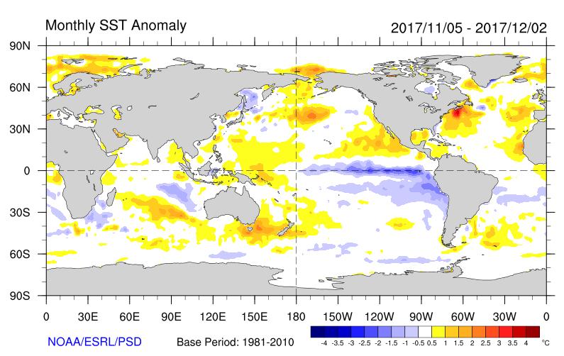 Global setting: November 2017 La Niña conditions are present in the tropical Pacific, as several conventional thresholds have been reached or are being approached.