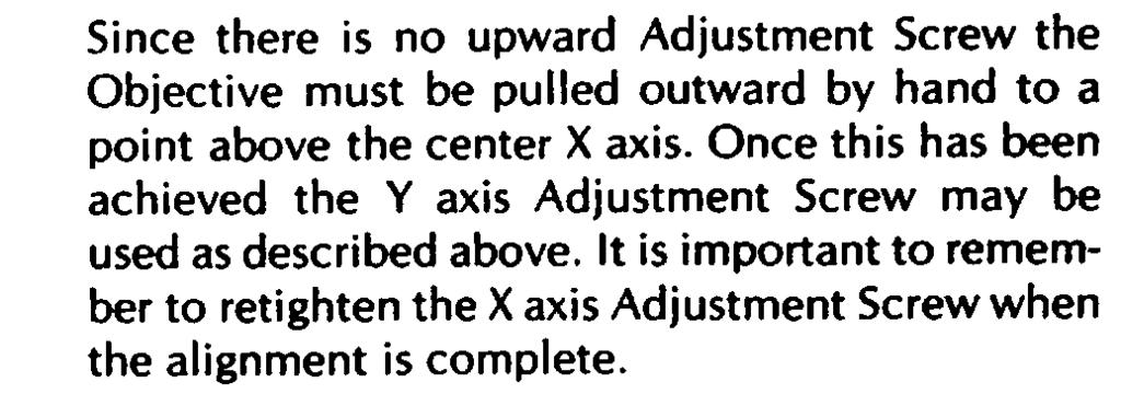 Since there is no upward Adjustment Screw the Objective must be pulled outward by hand to a point above the center X axis.
