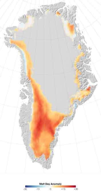 Greenland The map at left shows in orange/red areas where there were higher than average number of melt days in 2007.