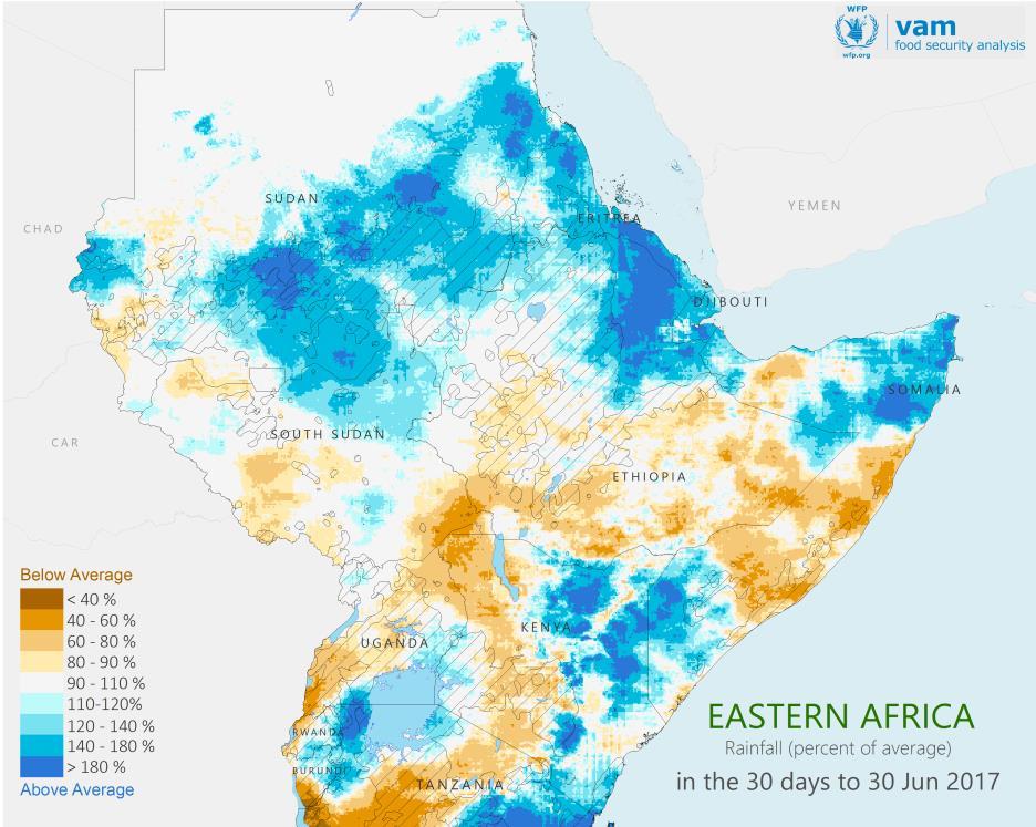 East Africa: May - June 2017 As the Long Rains drought ended, wetter conditions spread across East Africa June 2017 rainfall as a percent of average.