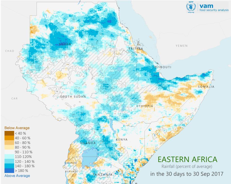 East Africa: July - September 2017 Generally wetter than average conditions prevail, but localized problems remain September 2017 rainfall as a percent of average (map far left).