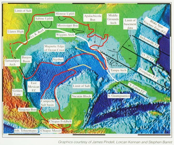 Figure 10. Present day map of the Gulf of Mexico region, showing key geological elements addressed in this month s article.
