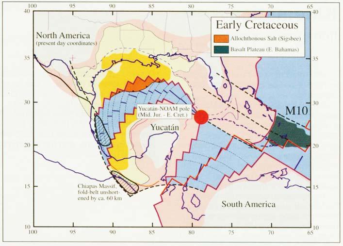 " Also note the change in trend of East Mexican Marginal Fault Zone supporting the concept of two stages of Gulf evolution; basement structure contour data preclude any east-west faults in Mexico