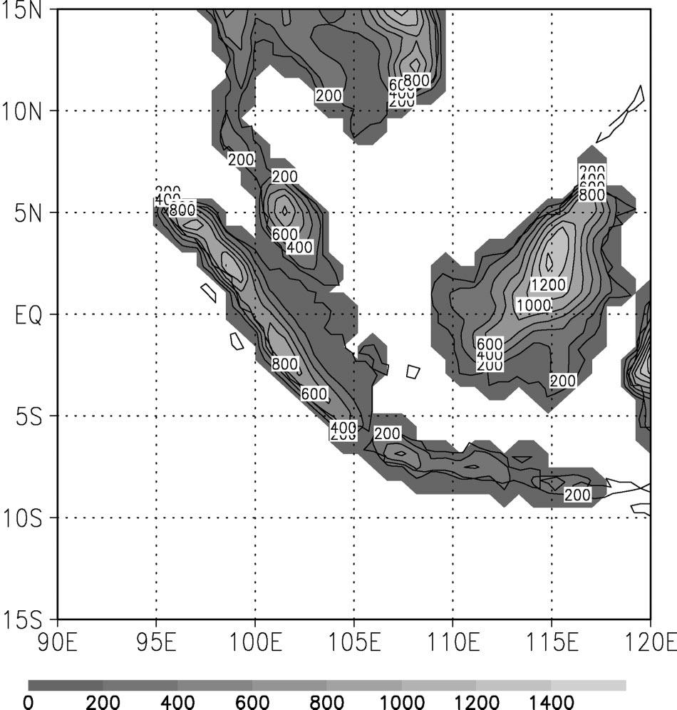 670 JOURNAL OF CLIMATE VOLUME 17 FIG. 6. Topography (m) in the area of study. erly between 125 and 140 E while it is mostly easterly in the SMP wet anomaly composite (Fig. 5b).