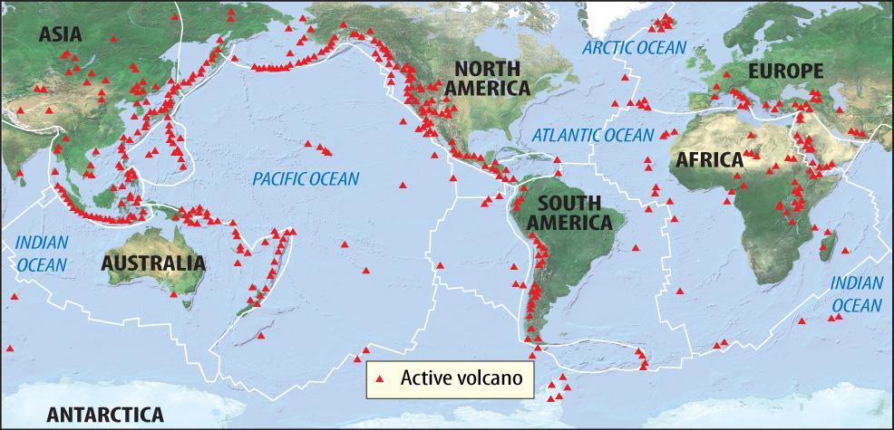 The world s active volcanoes are along