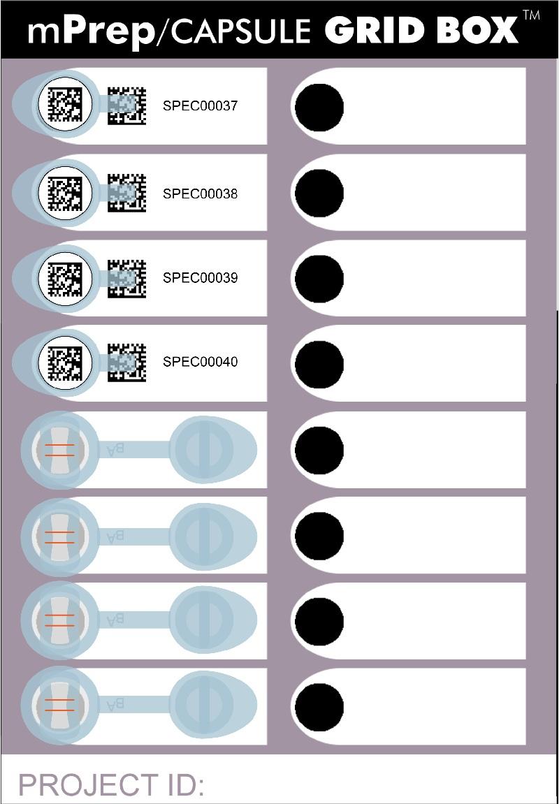 Place labels on capsule sides, in the mprep Capsule Grid Box, on lab records, storage containers, etc.! Custom labels may be requested from Microscopy Innovations.