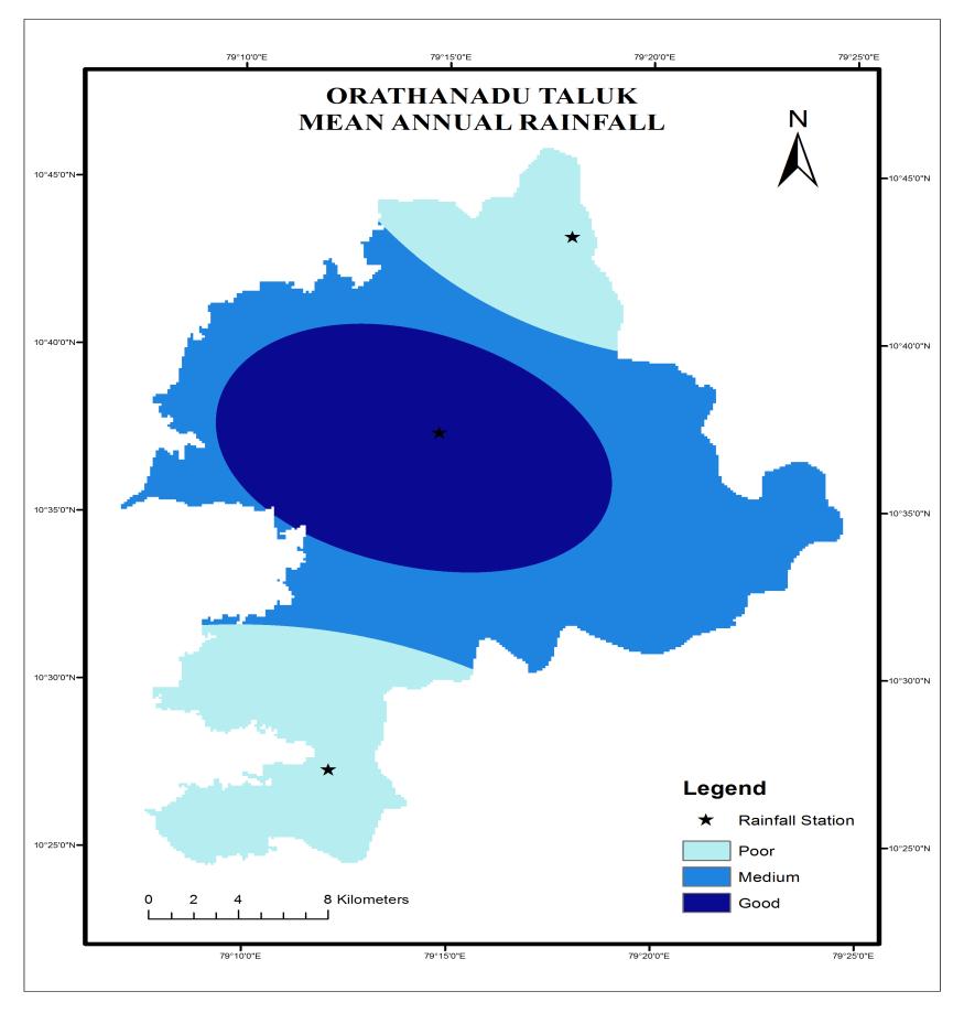 Figure 5: Image showing rainfall in summer Figure 3: Mean annual rainfall a) Observations Seasonal Rainfall In-2000 Orathanadu taluk received a total annual rainfall of 628.