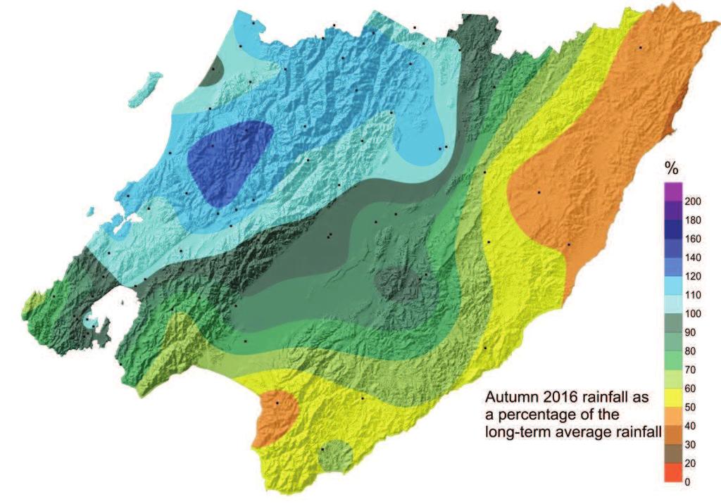 Autumn 2016 (March to May inclusive) was drier than average for most of the region. The south and east of the Wairarapa were the driest areas with west coast areas being the wettest.