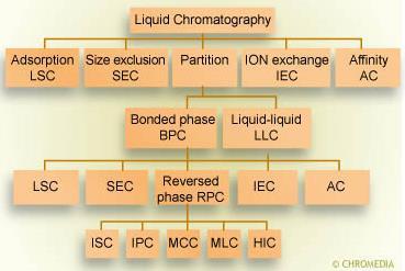 Modes of HPLC separation. LSC: Liquid solid chromatography. SEC: Size exclusion chromatography. IEC: Ion exchange chromatography. AC: Affinity chromatography. BPC: Bonded phase chromatography.