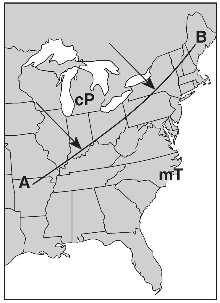 58. The weather map below shows a portion of the United States. Line AB represents a frontal boundary between two air masses. The two large arrows indicate the direction that a cp air mass is moving.
