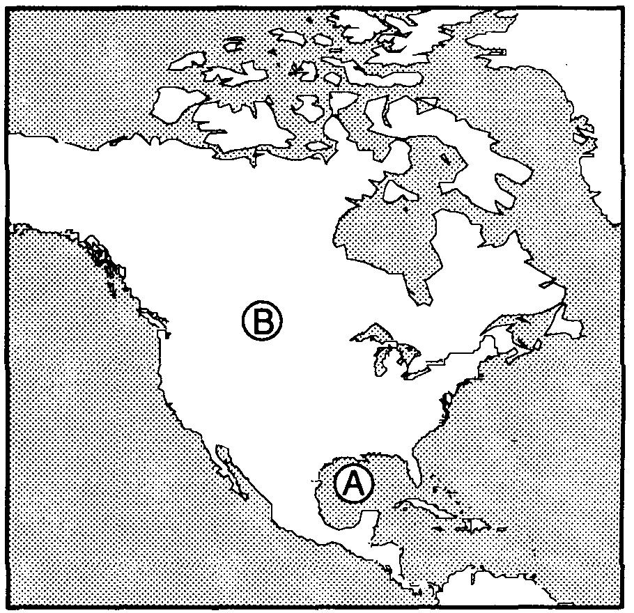 Locations A and B on the map of North America below are source regions for air masses.