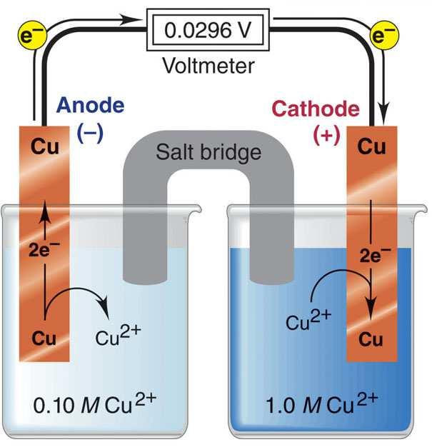 Figure 21.11 A concentration cell based on the Cu/Cu 2+ half-reaction Oxidation half-reaction Reduction half-reaction Cu(s) Cu 2+ (aq, 0.1M) + 2e - Cu 2+ (aq, 1.